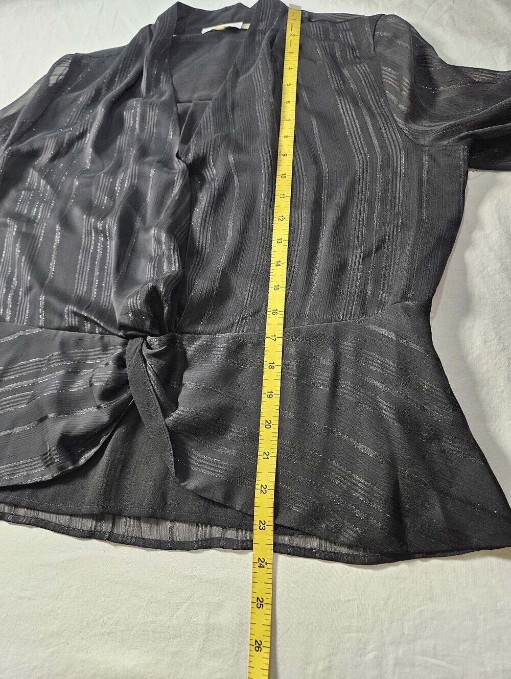 NWT Medium Calvin Klein Sheer Black Metallic Stripe V Neck Blouse Smocked Cuff - Picture 3 of 11